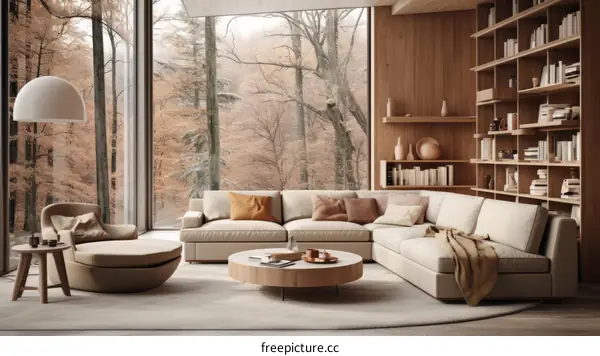 Modern Living Room with Large Windows and Comfortable Furniture