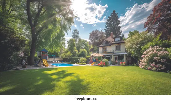 Large modern house with green backyard and swimming pool