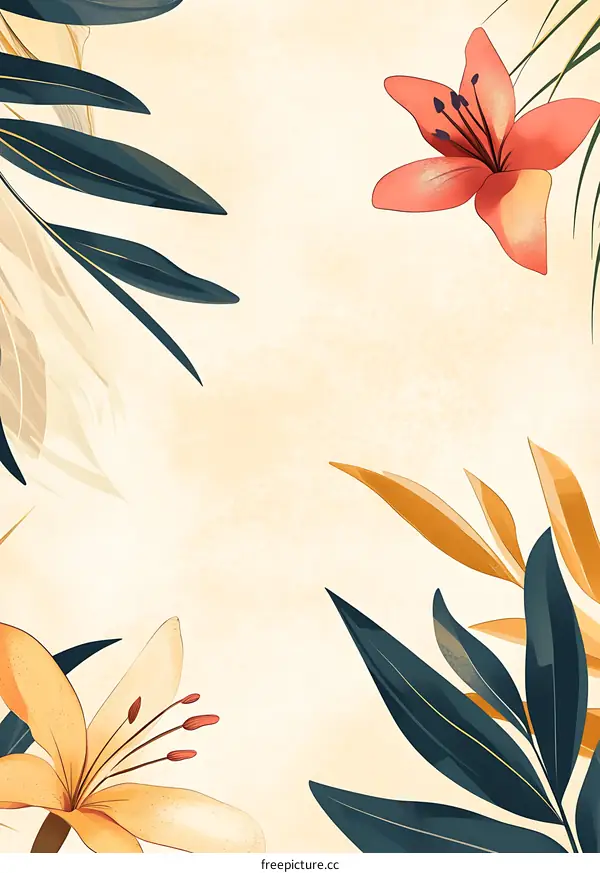 Tropical Floral Illustration with Yellow and Red Flowers