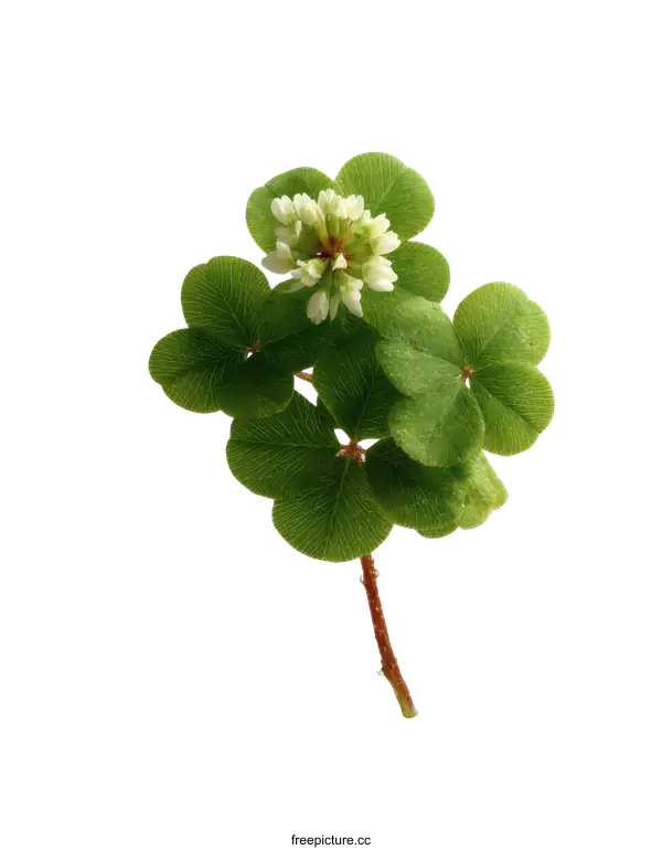 [Transparent Background PNG]Close-up of a Four-Leaf Clover with White Flower