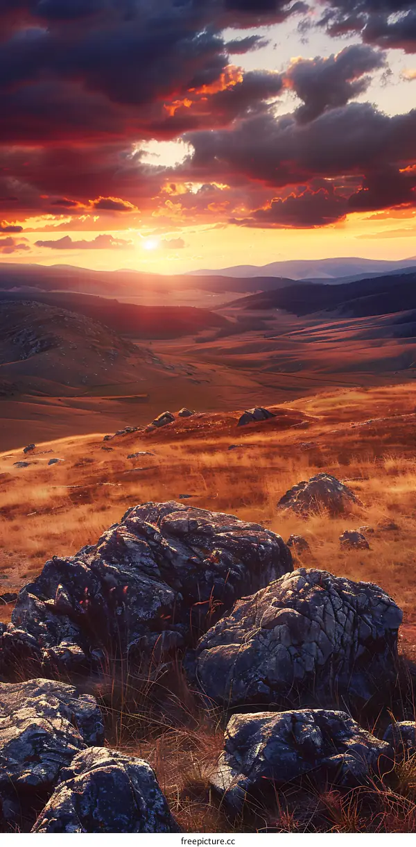 Stunning Sunset Over Mountains and Grasslands