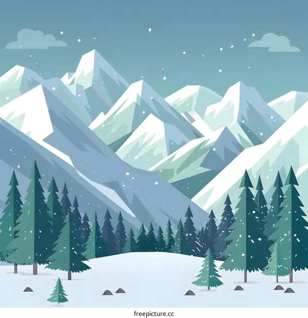 Winter Mountain Landscape with Snow and Pine Trees