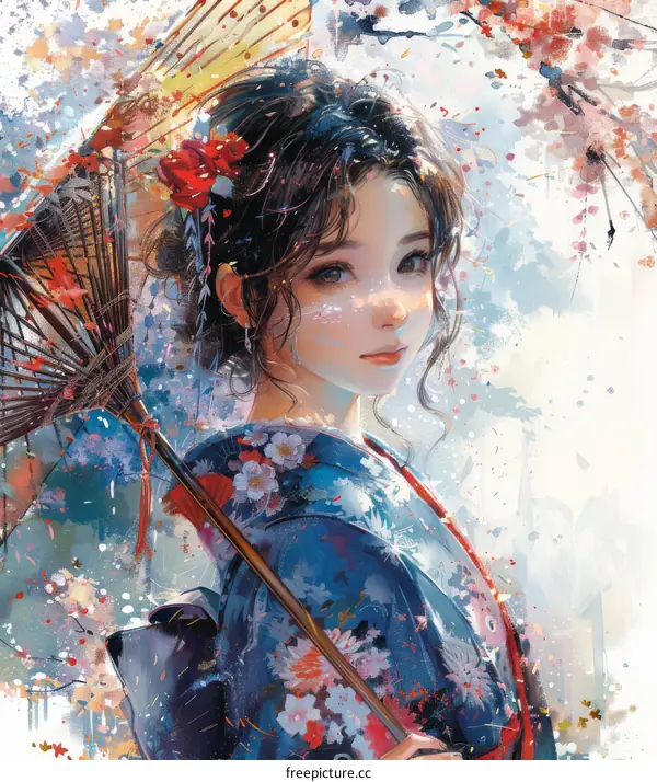 A beautiful Japanese woman in a kimono holding an umbrella.