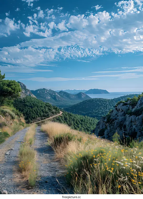 Scenic Mountain Road with Winding Path and Blue Sky