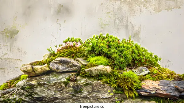 Green Moss On Rocks With A White Background
