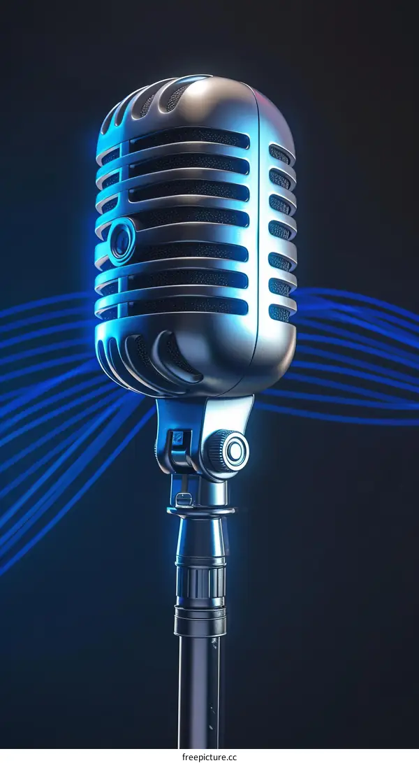 Retro silver microphone with blue sound wave