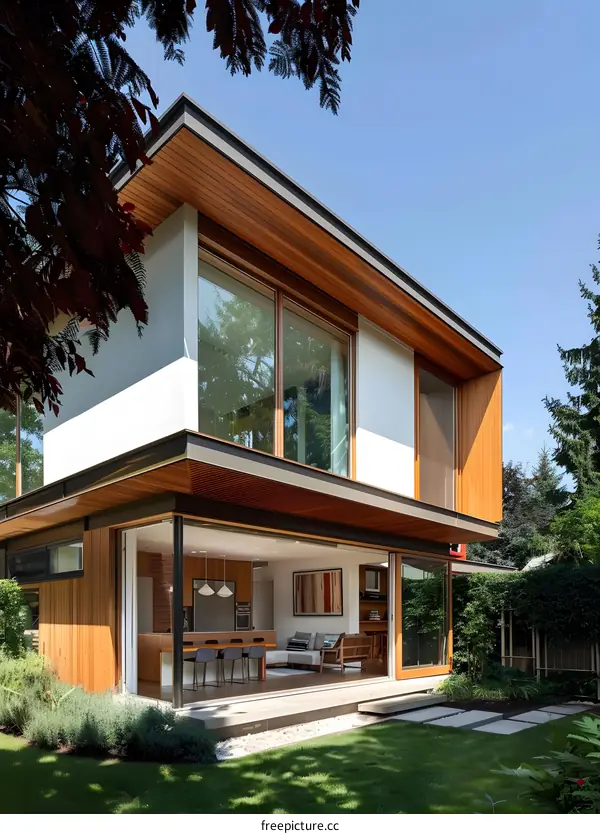 Modern Home Exterior with Large Windows and Wooden Accents