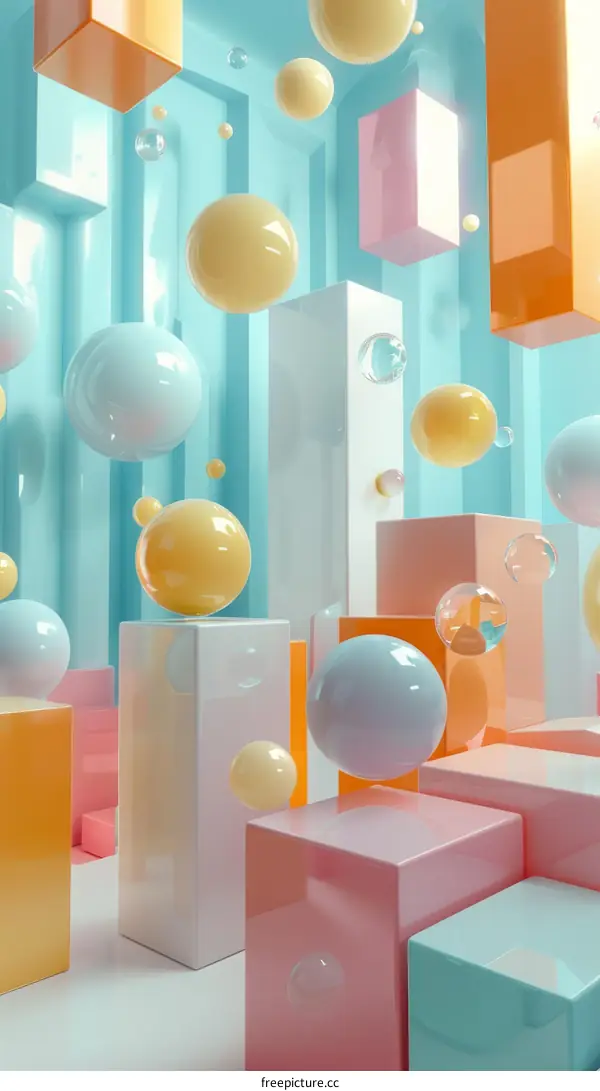 3D rendering of colorful geometric shapes with spheres and rectangular prisms