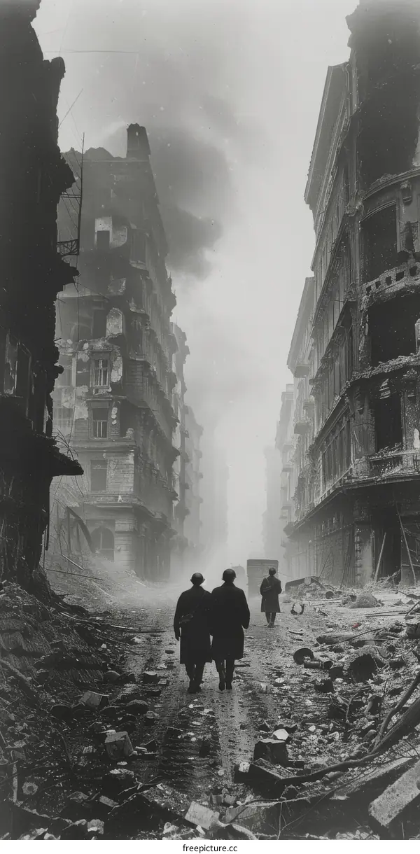 Two soldiers walking down a destroyed street during World War II