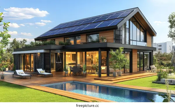 Modern Sustainable House with Solar Panels and Pool