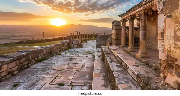 Ancient Roman Ruins at Sunset with a View of the Valley