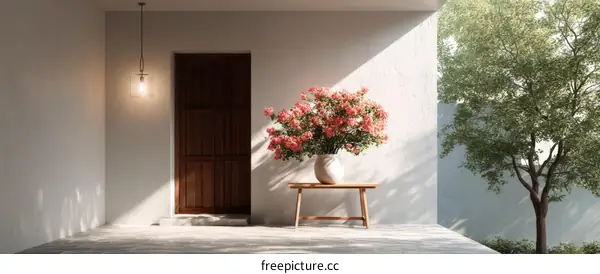 Modern Patio with Pink Flowers and Wooden Door