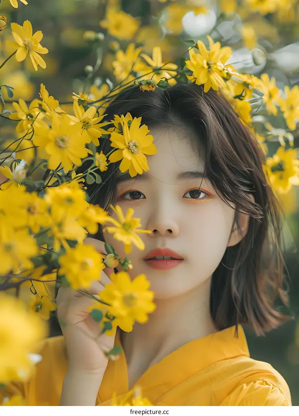 Portrait of Young Asian Woman with Yellow Flowers