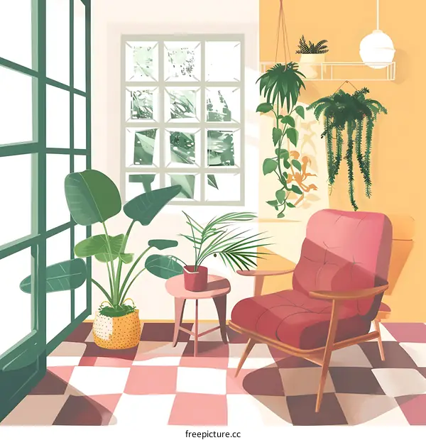 Cozy Living Room with Plants and Red Chair