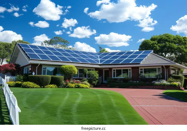 Modern suburban house with solar panels on the roof