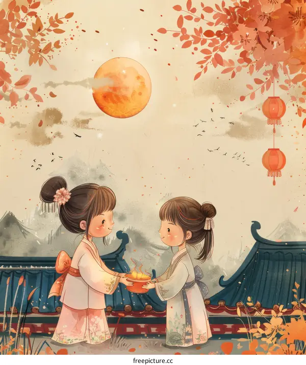 Two cute girls admiring the moon during the Mid-Autumn Festival