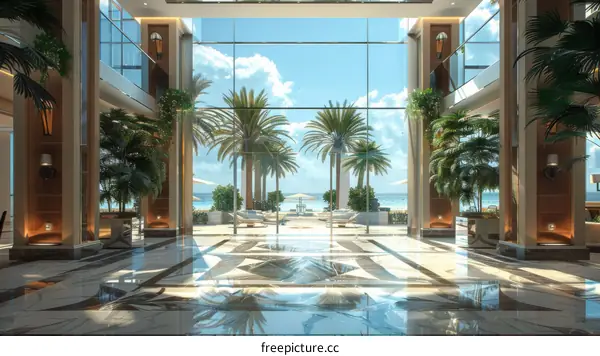 Luxury Hotel Lobby with Ocean View Illustration