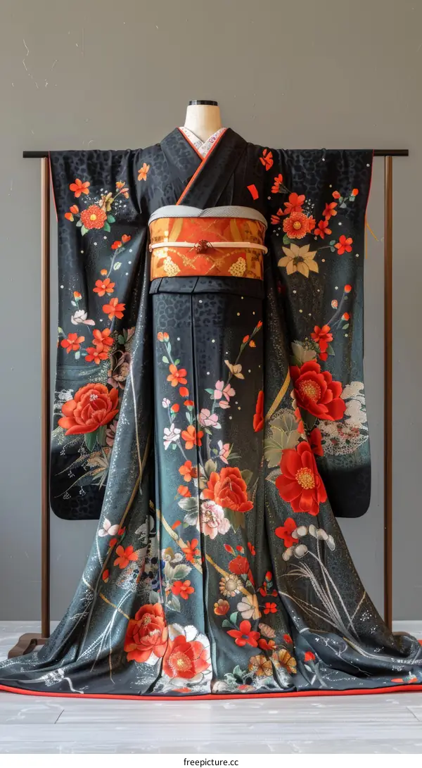 A kimono with a pattern of red and white flowers.