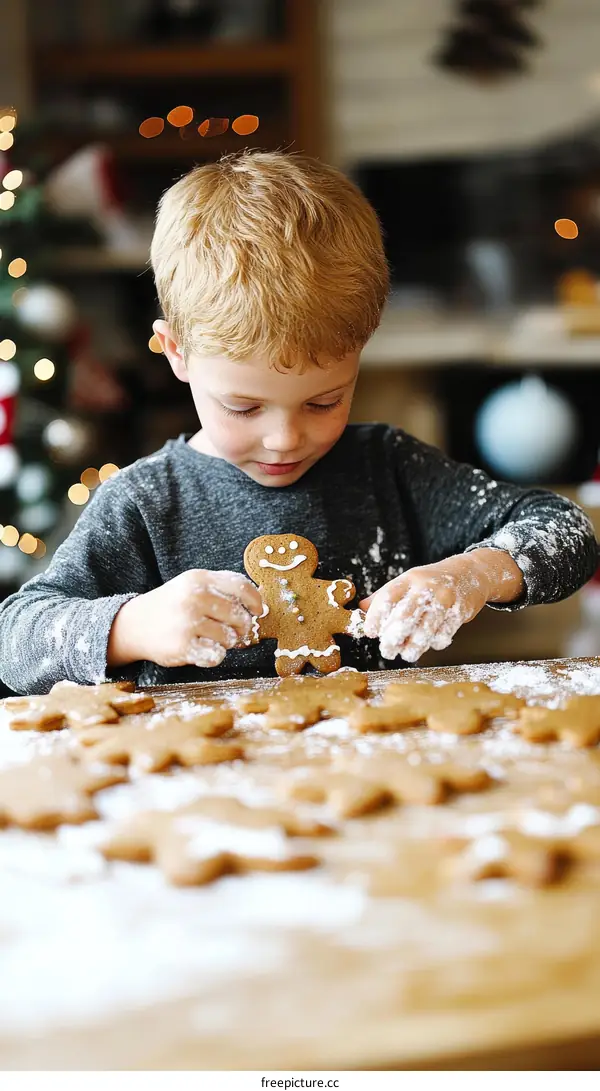 Child decorating gingerbread man cookies at Christmas