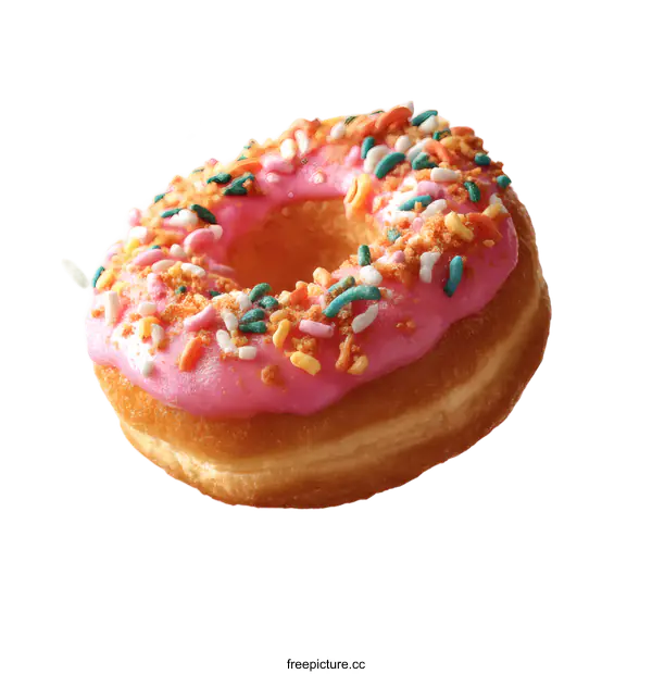 [Transparent Background PNG]Delicious Pink Sprinkled Doughnut in the Air