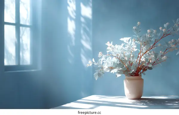 Soft Pastel Blue Room Interior with Vase Flowers