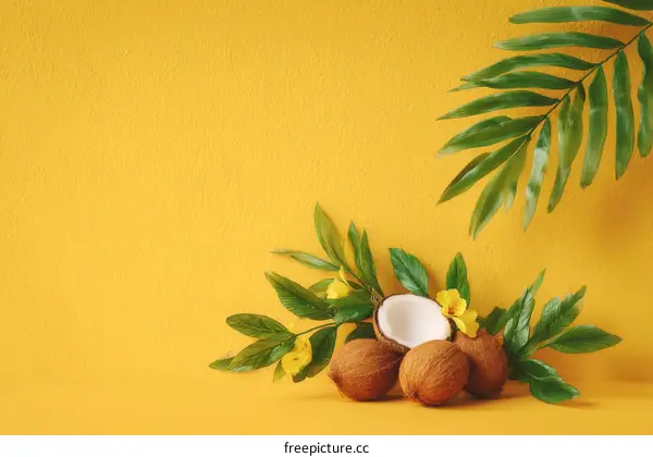 Tropical Summer Coconuts on Yellow Background