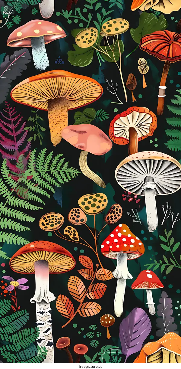 Colorful Mushrooms and Leaves Illustration