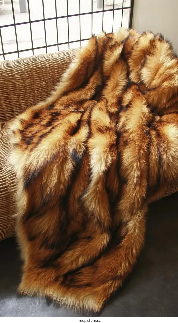 Faux Fur Throw Blanket with Tiger Stripe Pattern