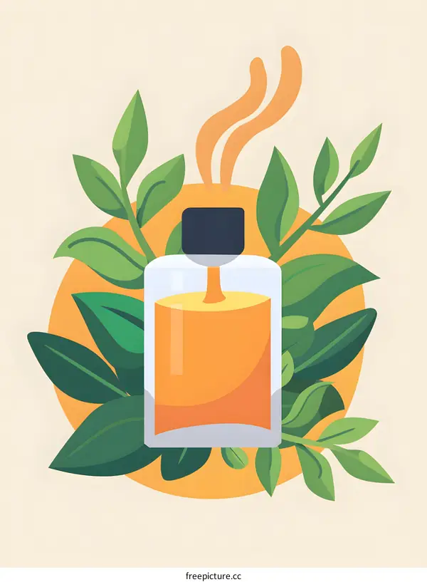 Essential Oil Bottle with Green Leaves Illustration