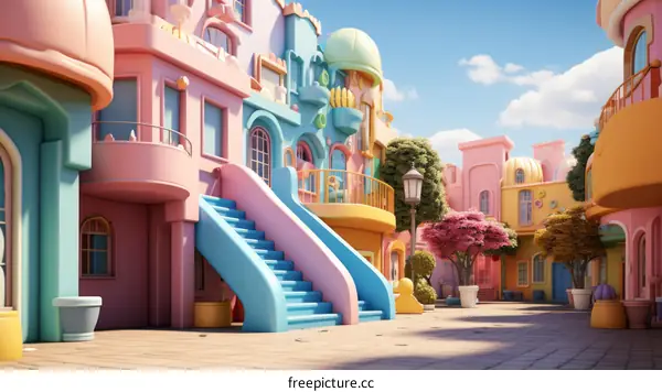 A Colorful and Vibrant Town with Pastel-Hued Buildings and a Blue Sky
