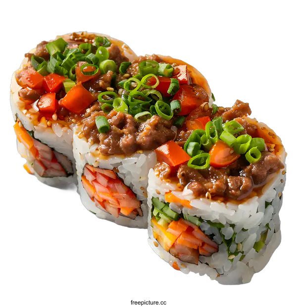 [Transparent Background PNG]Three sushi rolls with beef and vegetables