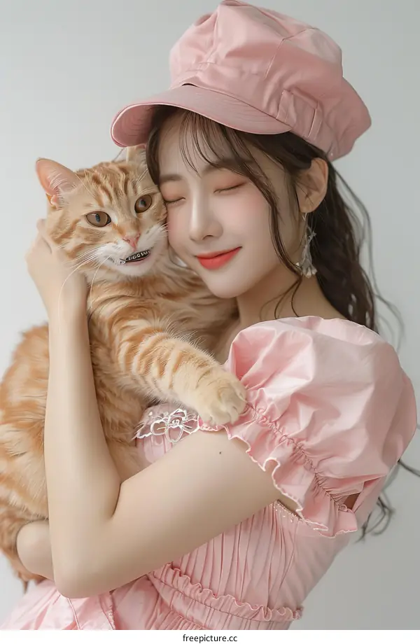 A Young Asian Woman with a Cat in a Cute Pink Outfit