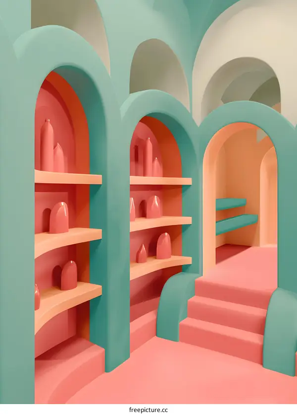 3D Rendered Abstract Room with Arched Entryways and Shelving