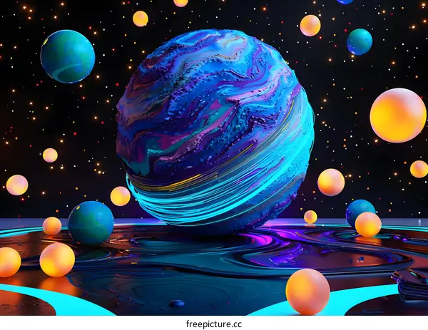 Colorful 3D rendering of a planet with glowing balls floating around it