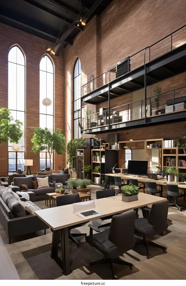 workspace with brick walls and large windows