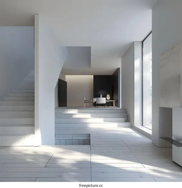 Modern Minimalist Interior Design With Staircase And White Walls