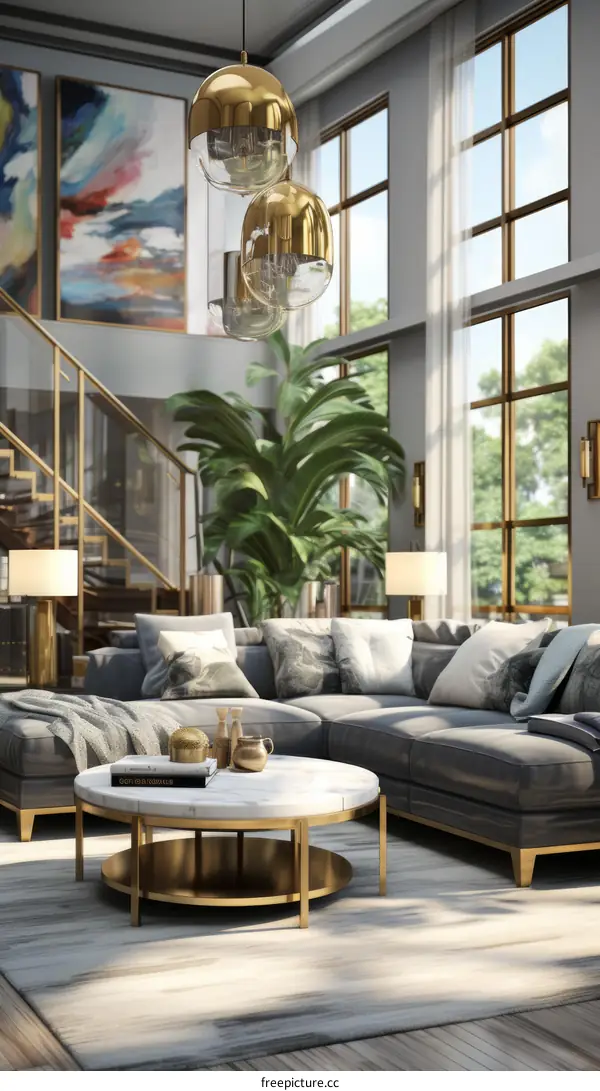 Modern Living Room with High Ceiling and Large Windows