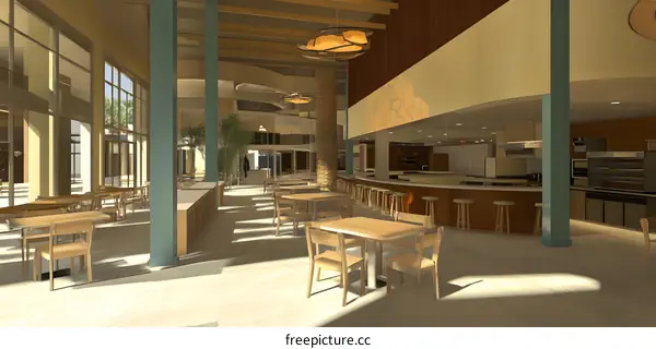 Modern Cafe Interior Design with Large Windows and Wooden Tables and Chairs