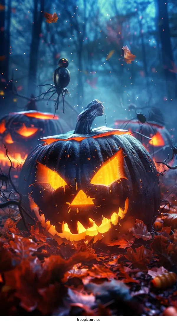 Glowing Halloween Pumpkin in a Dark Forest