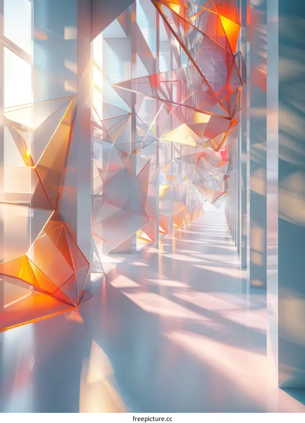 Futuristic Glass and Steel Office Interior with Geometric Shapes and Bright Orange Accents