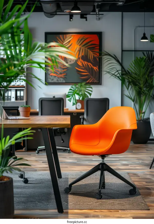 Modern Office Chair with Orange Color and Plants