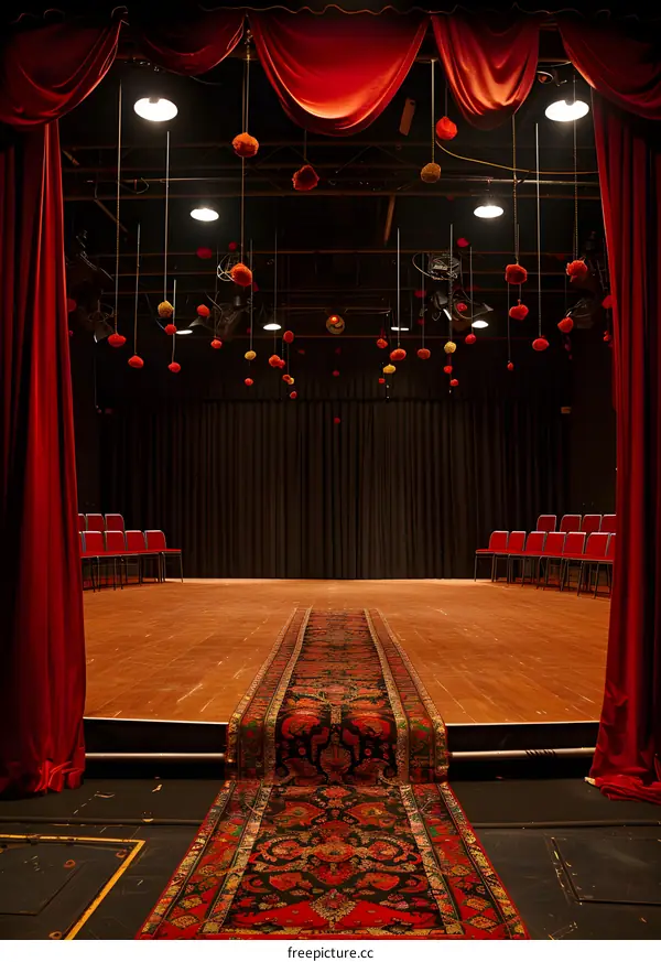 Red Curtains and Stage With Carpeting
