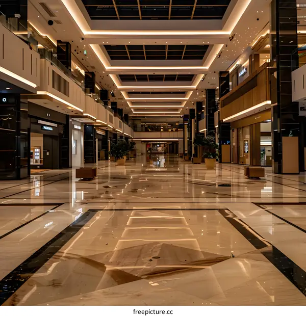 Empty Modern Shopping Mall Interior With Polished Floor