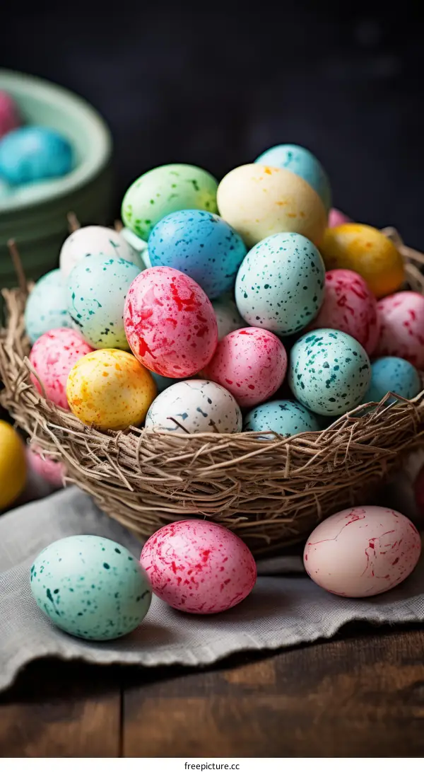 Colorful Speckled Easter Eggs in a Nest