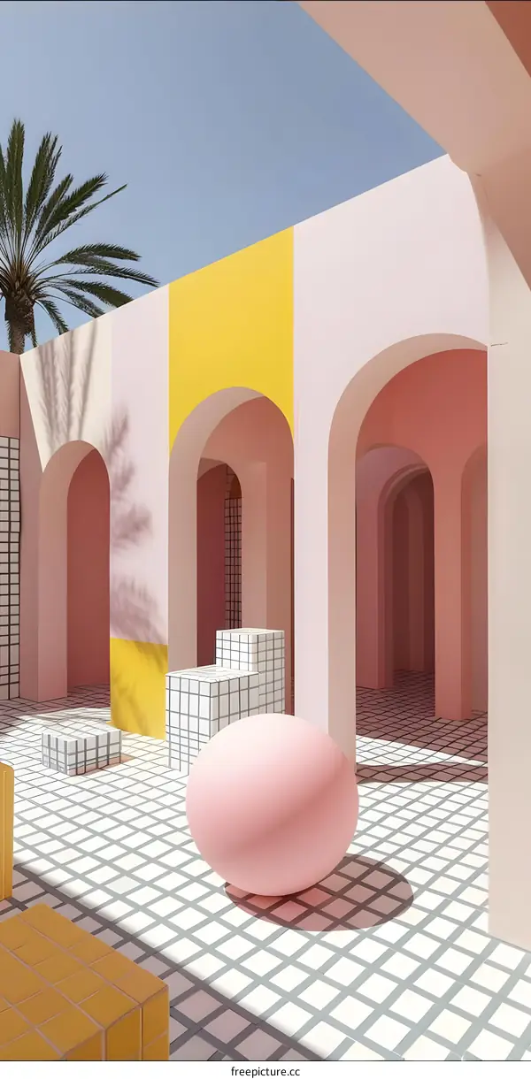 Minimalist Pink and Yellow Architecture with Arches and a Palm Tree