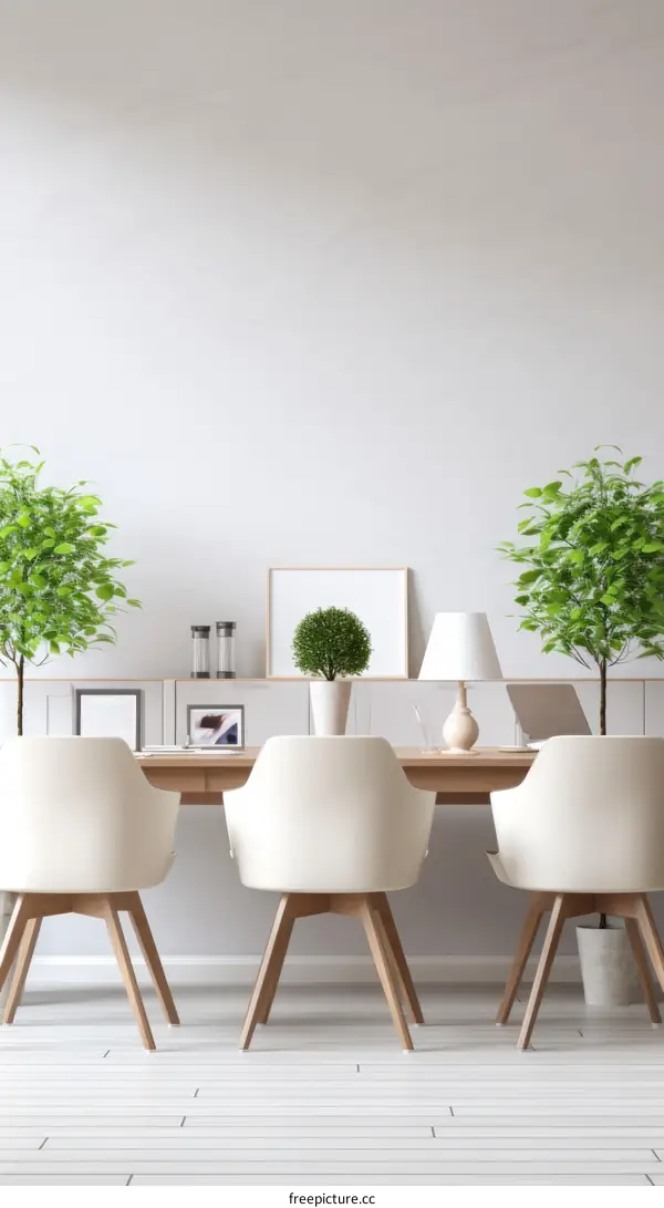 White and bright home office interior with plants and natural light