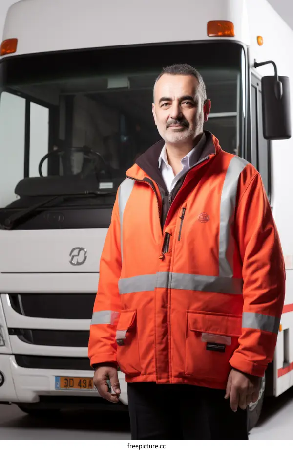 Portrait of a bus driver in uniform standing in front of a bus