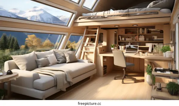 A spacious and modern living room with a large window and a loft bed