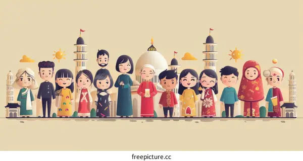 People of different cultures and ethnicities standing together in front of a mosque