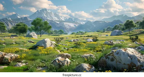 Alpine Meadow with Rocks and Trees